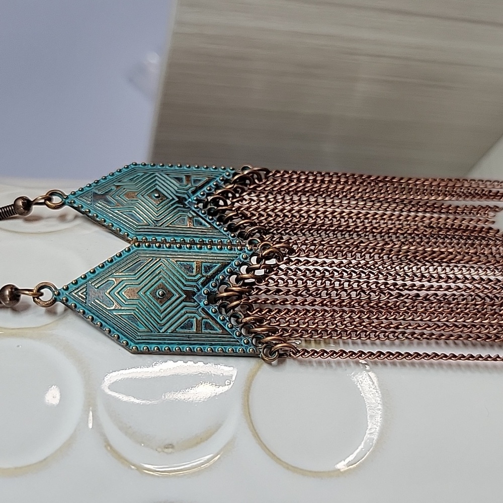 🔥LAST PAIR🔥 Bohemian Verdigris Chain Tassel Drop Earrings - Picture 5 of 8